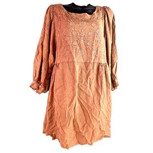 Solitaire Women's Size L Boho Tunic Dress‎ Embroidered Floral Long Sleeve Rust